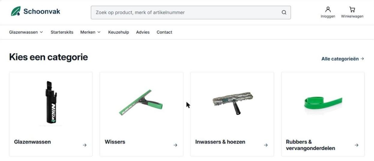 Categorieoverzicht van de Schoonvak-webshop: glazenwassen, wissers, inwassers en hoezen, rubbers en vervangonderdelen