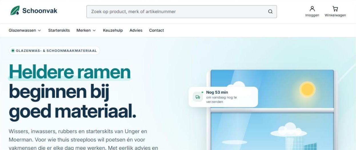 Homepagina van de Schoonvak-webshop met zoekbalk, menu en de titel 'Heldere ramen beginnen bij goed materiaal.'